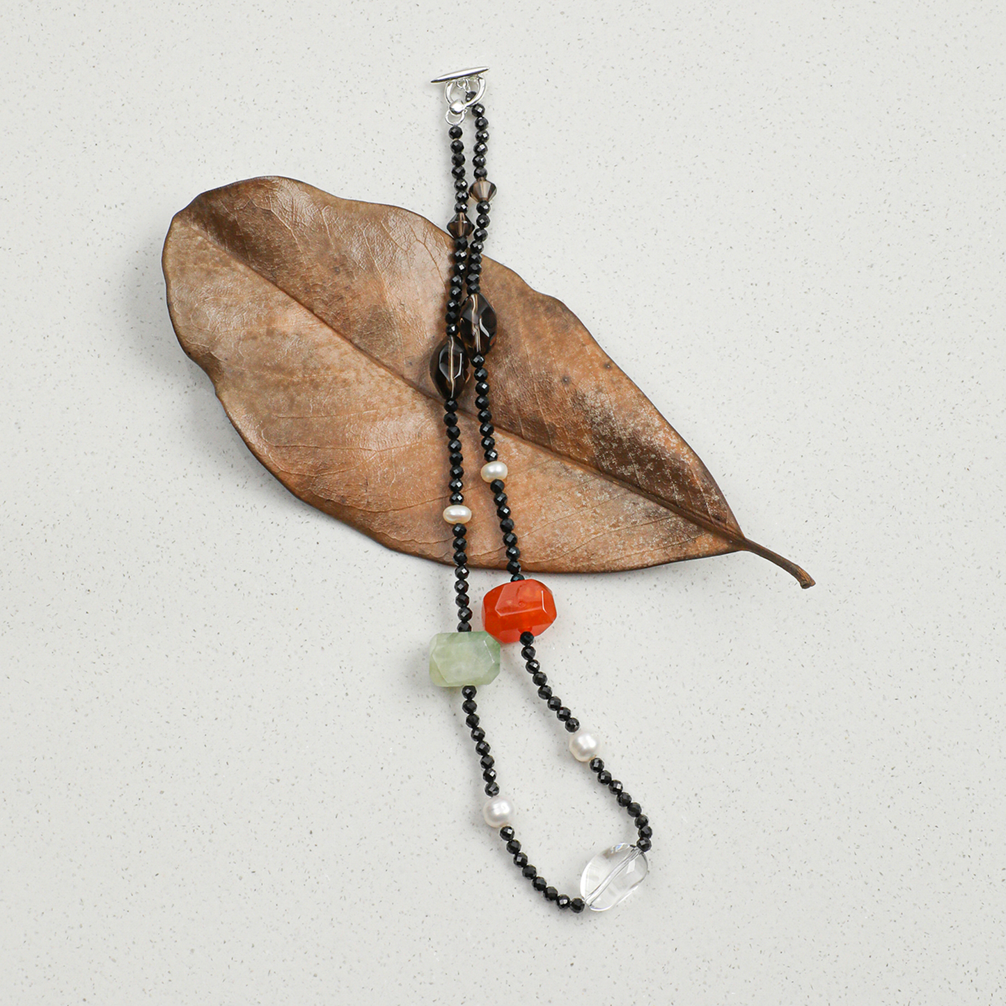 Red Agate, Crystal Quartz, Prehnite & Black Tourmaline Sterling Silver Necklace