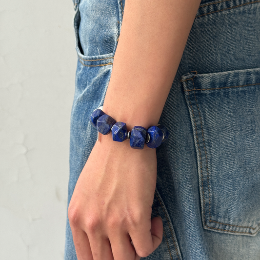 Natural Freeform Lapis Lazuli & Pearl Beaded Bracelet