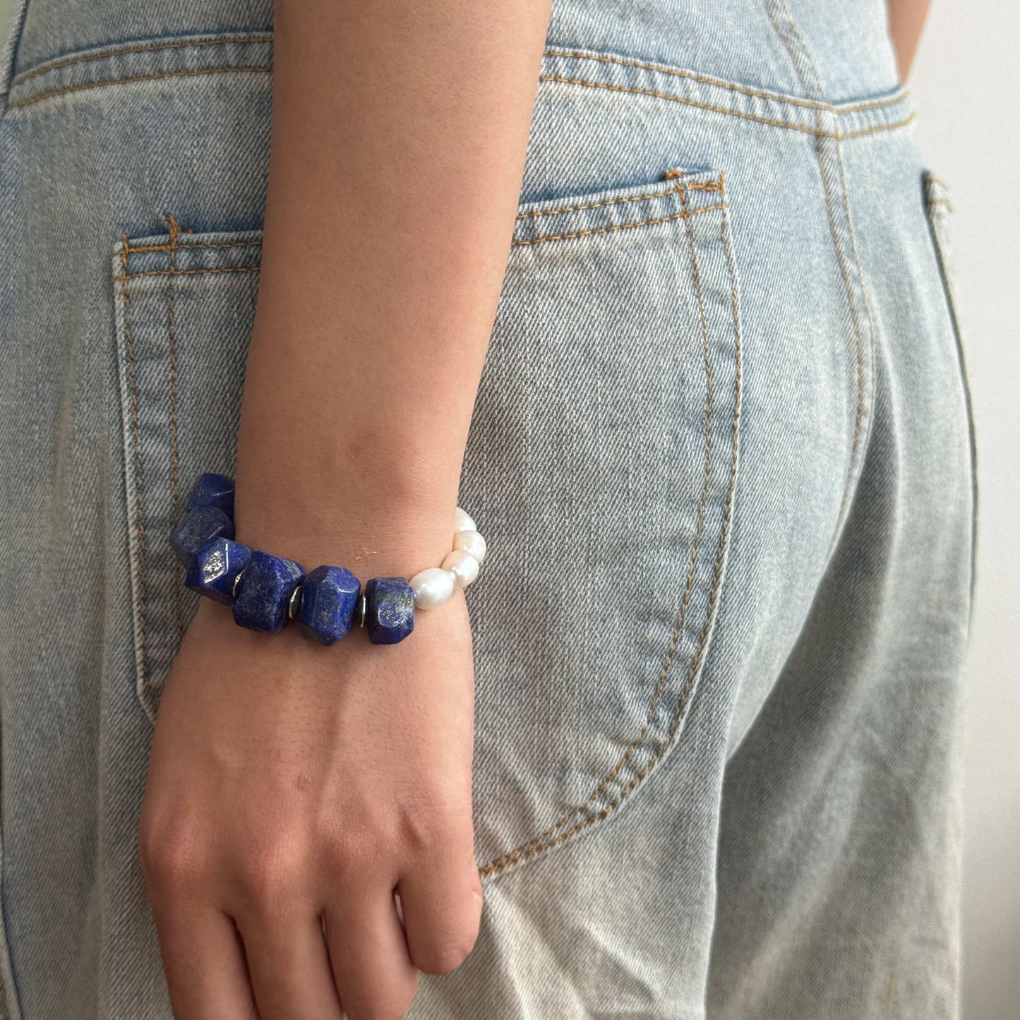 Natural Freeform Lapis Lazuli & Pearl Beaded Bracelet