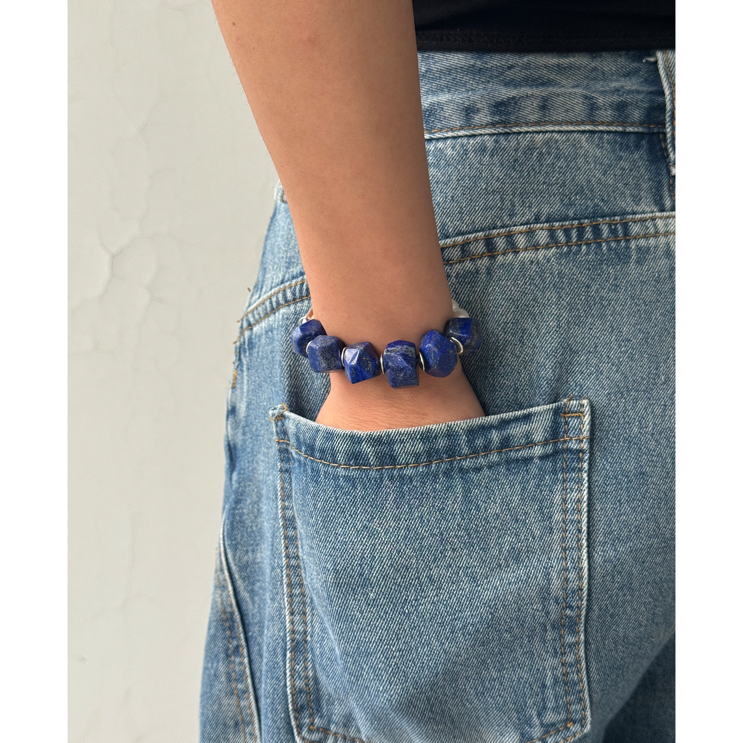 Natural Freeform Lapis Lazuli & Pearl Beaded Bracelet