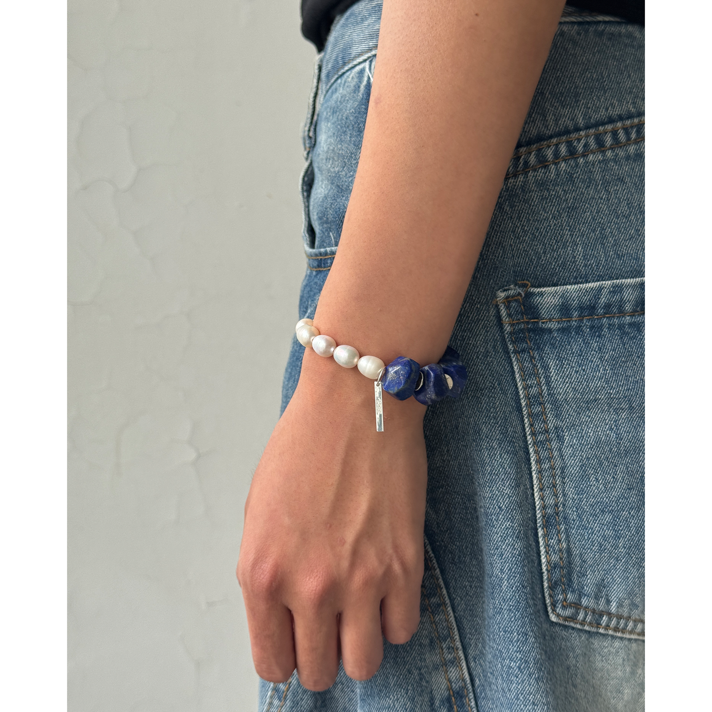 Natural Freeform Lapis Lazuli & Pearl Beaded Bracelet
