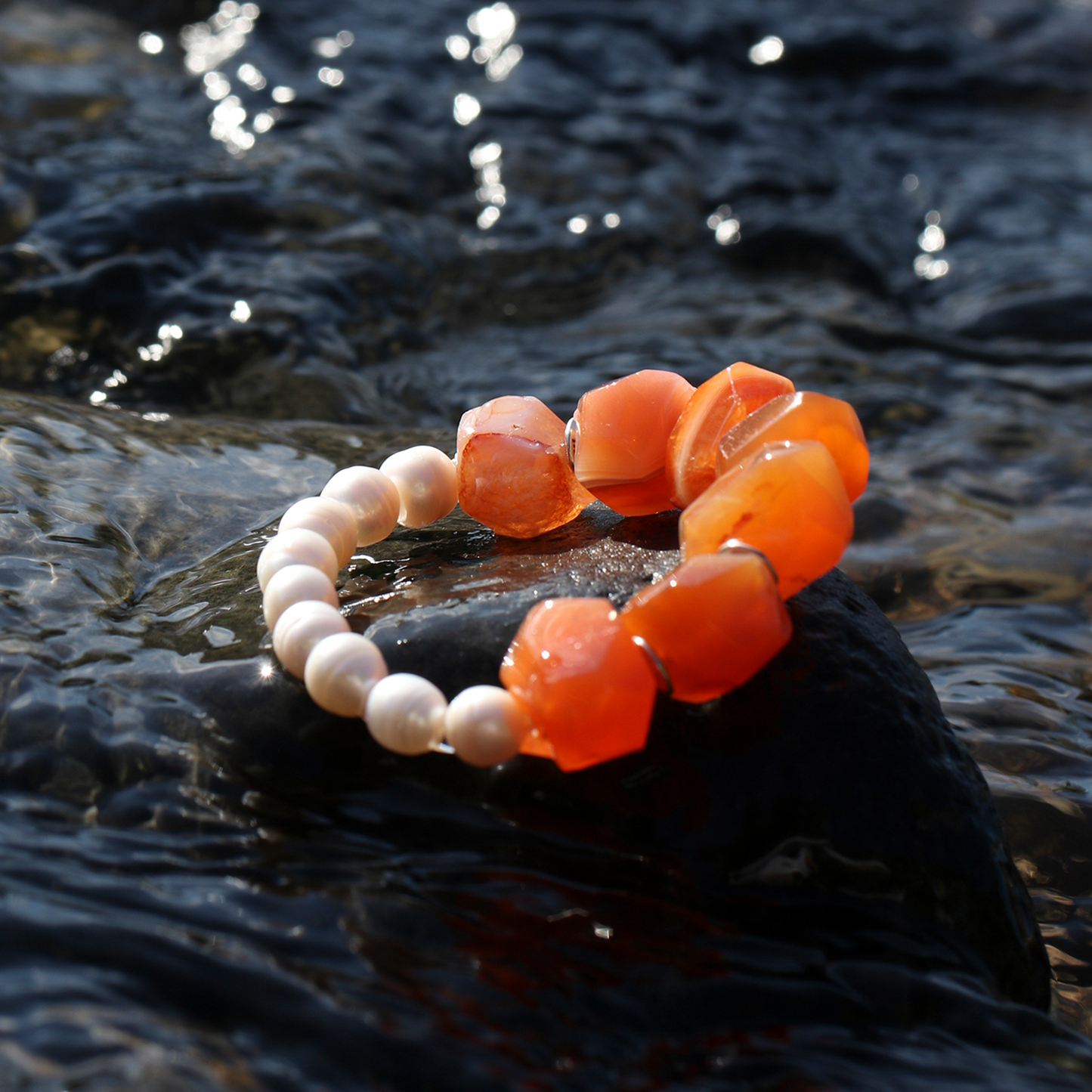 Persian Carnelian and Baroque Pearl Stretch Bracelet