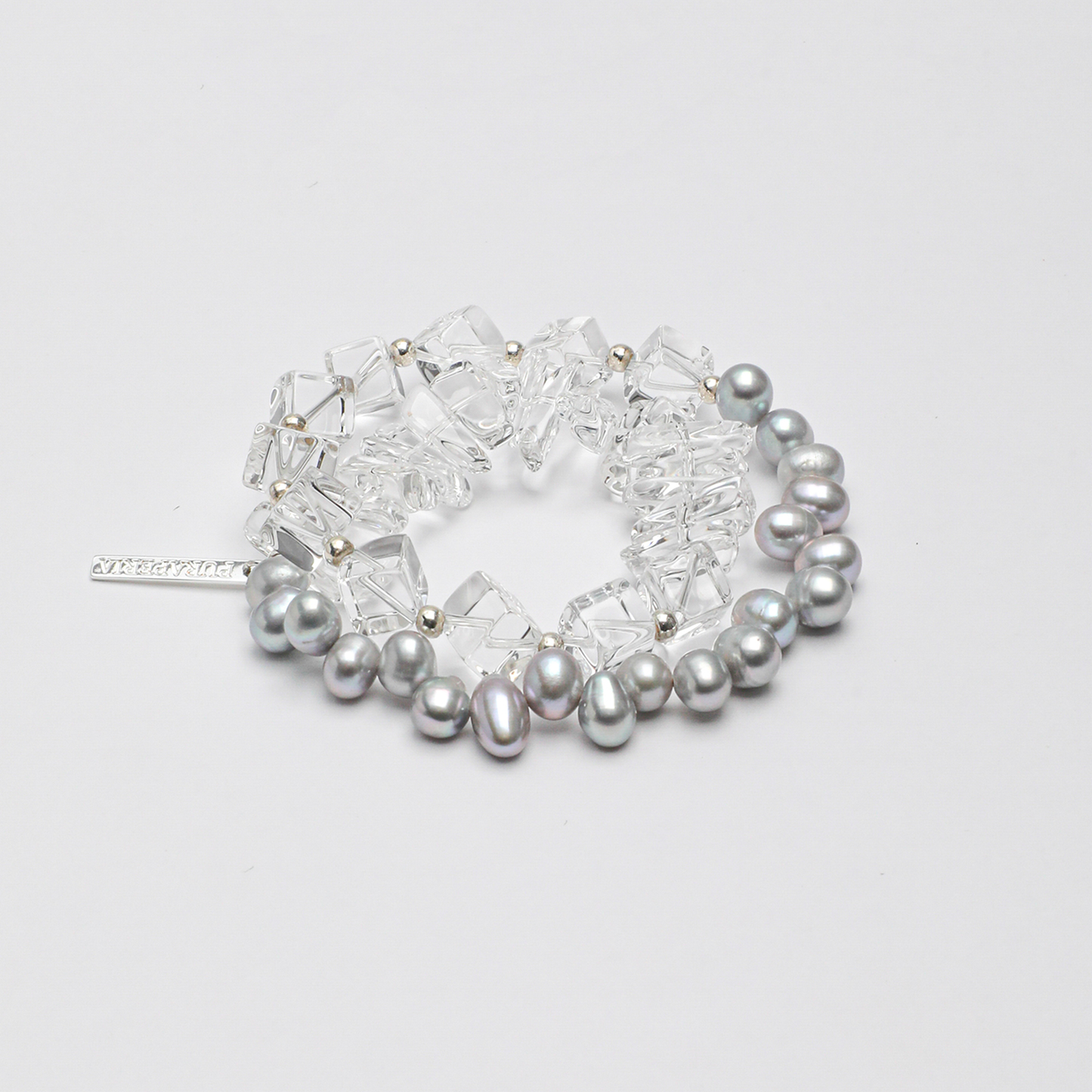 Clear Quartz and Grey Pearl Double-Strand Bracelet
