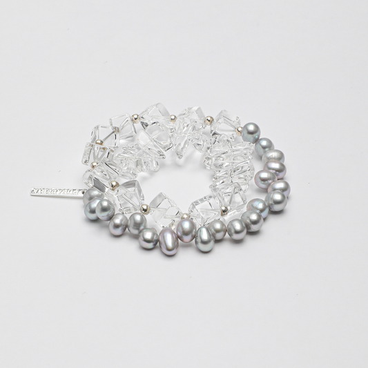 Clear Quartz and Grey Pearl Double-Strand Bracelet