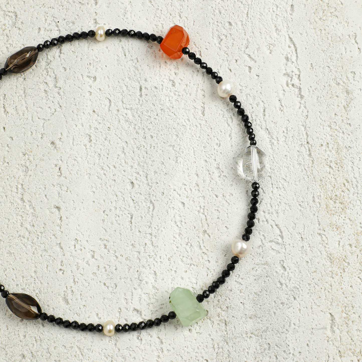 Red Agate, Crystal Quartz, Prehnite & Black Tourmaline Sterling Silver Necklace