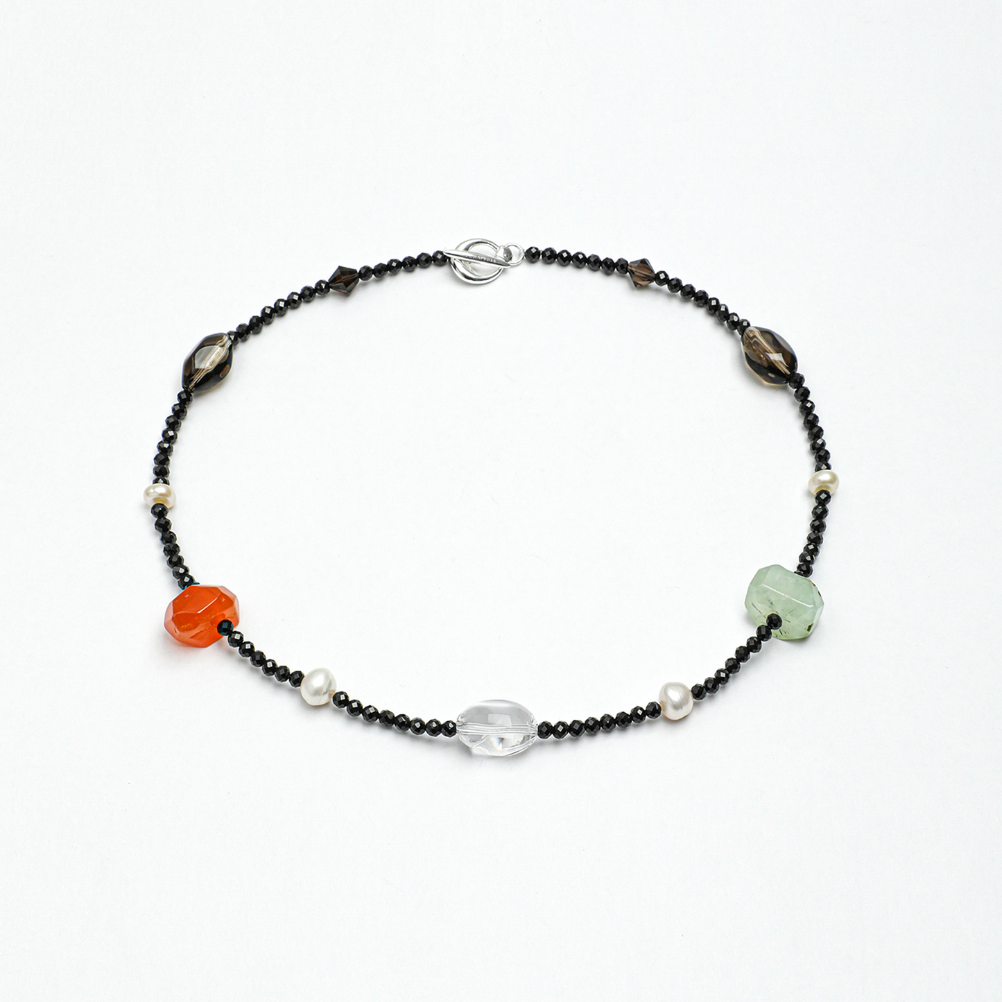 Red Agate, Crystal Quartz, Prehnite & Black Tourmaline Sterling Silver Necklace