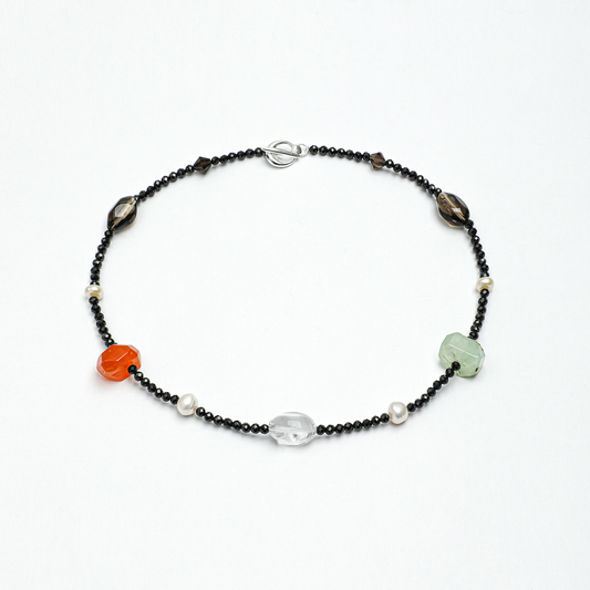 Red Agate, Crystal Quartz, Prehnite & Black Tourmaline Sterling Silver Necklace