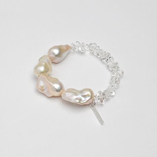 Custom Engraved Natural Baroque Pearl & Clear Quartz Chip Bracelet