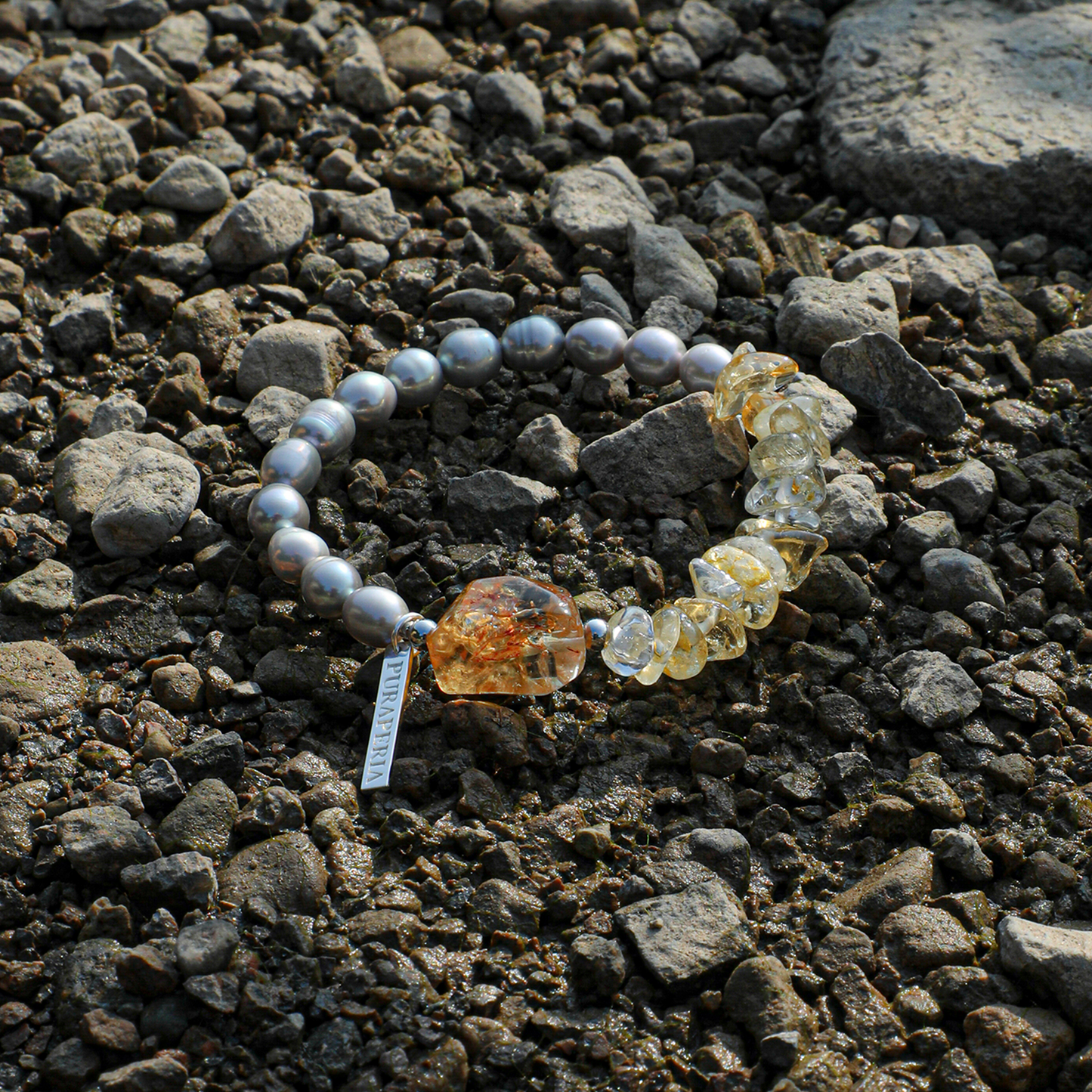 Natural Citrine & Grey Freshwater Pearl Sterling Silver Bracelet