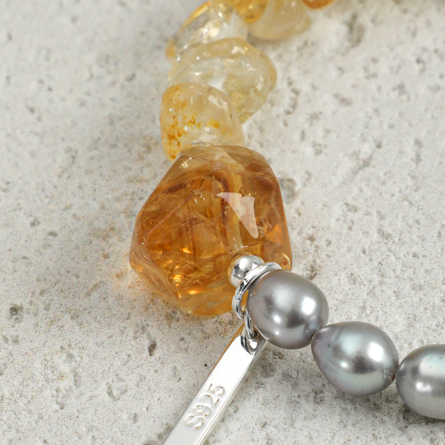 Natural Citrine & Grey Freshwater Pearl Sterling Silver Bracelet