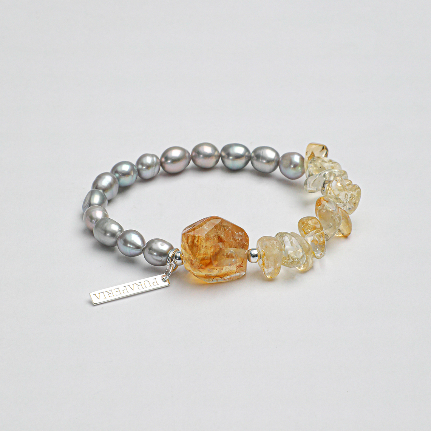 Natural Citrine & Grey Freshwater Pearl Sterling Silver Bracelet
