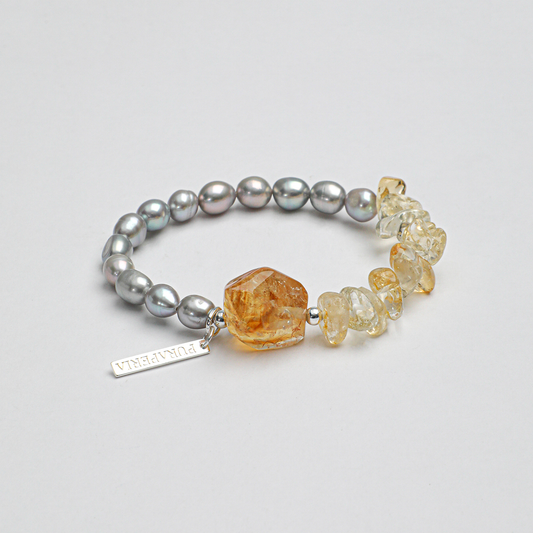 Natural Citrine & Grey Freshwater Pearl Sterling Silver Bracelet