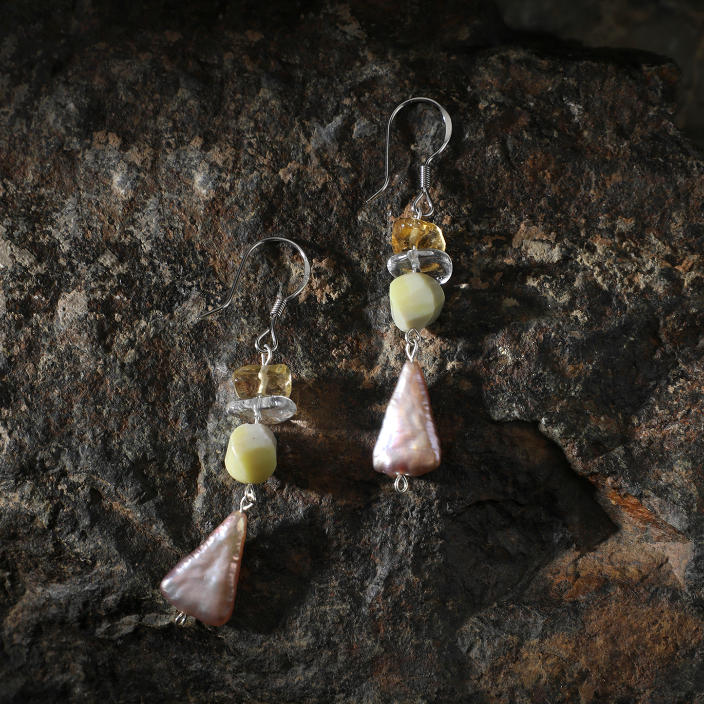 Serpentine Citrine Quartz Baroque Pearl Sterling Silver Earrings