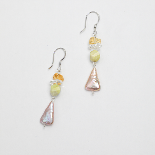 Serpentine Citrine Quartz Baroque Pearl Sterling Silver Earrings