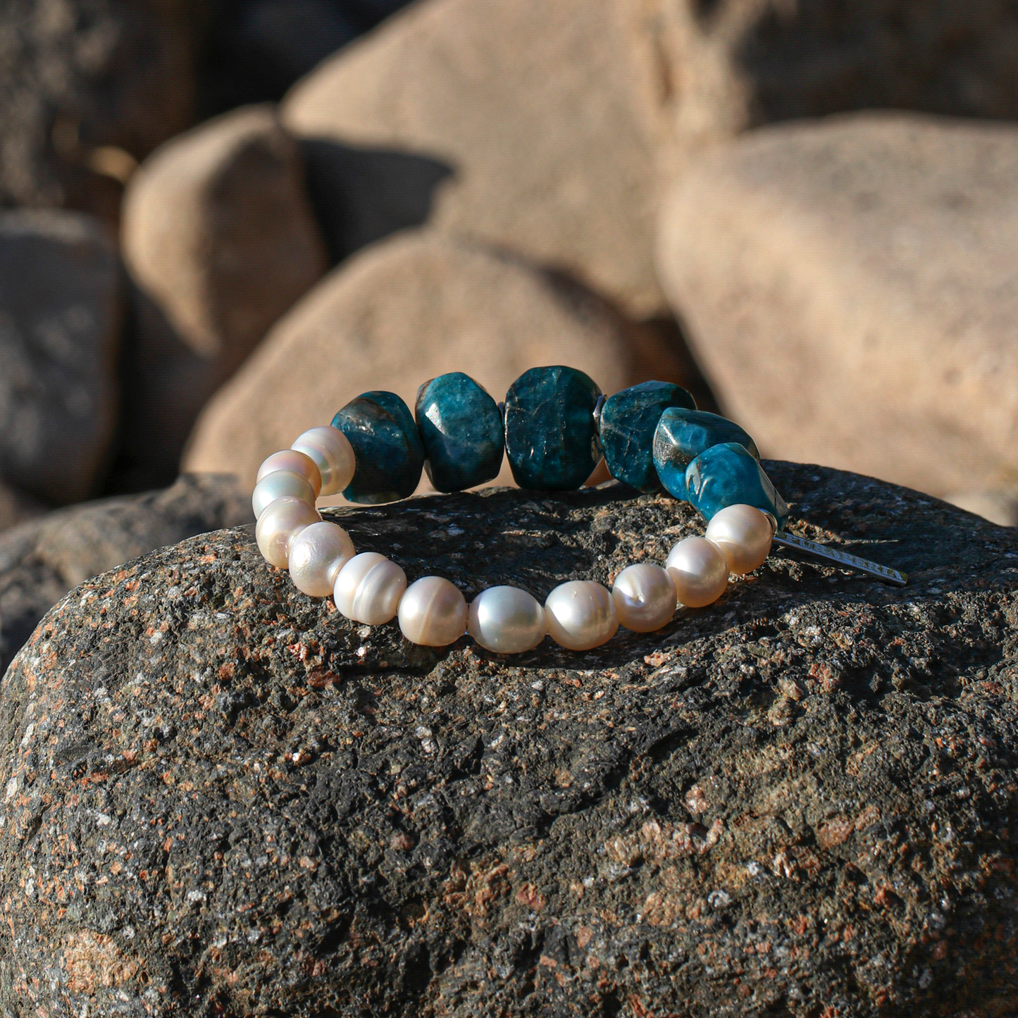 Free Engraving Service The Aura of Wisdom Blue Apatite Textured Pearl Bracelet