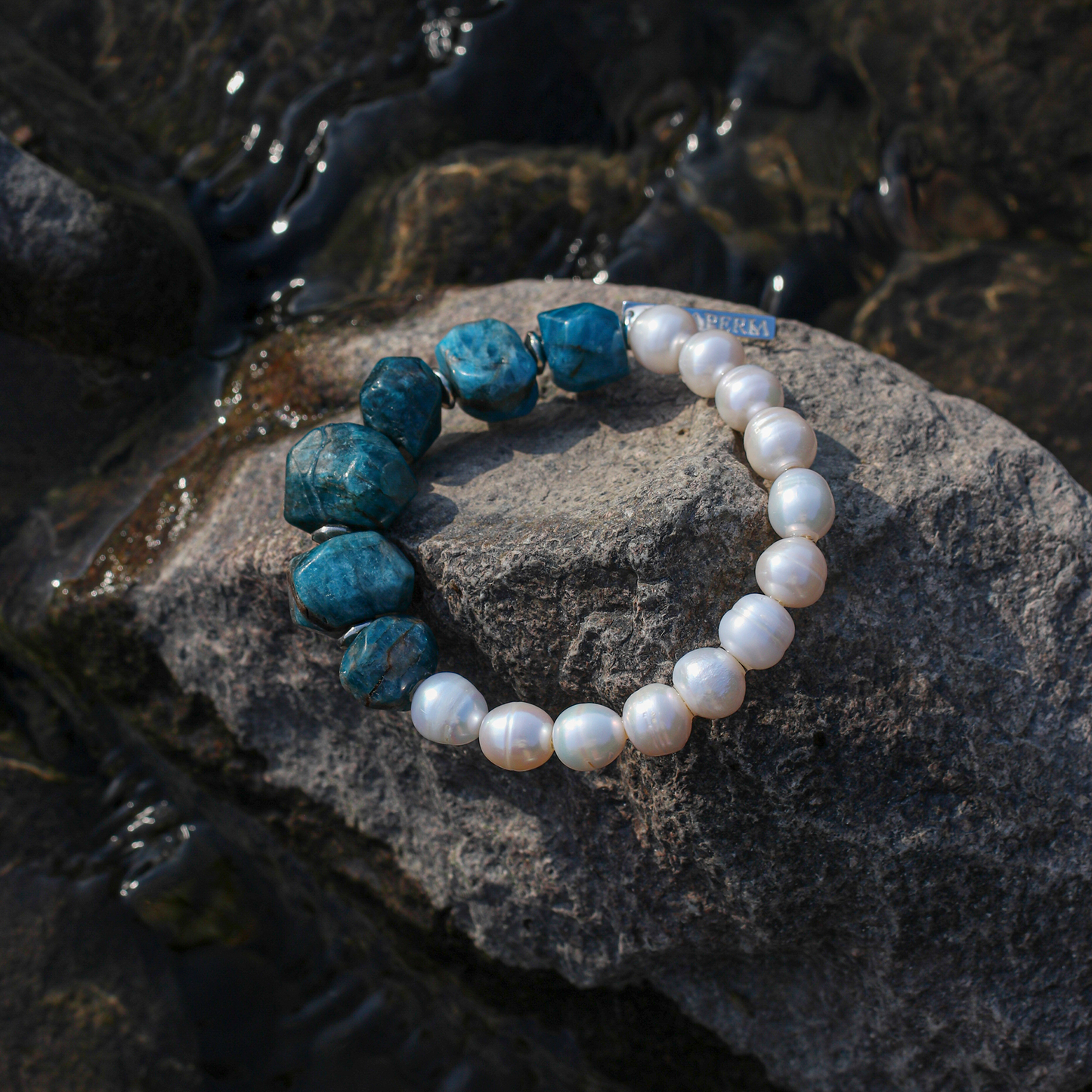 Free Engraving Service The Aura of Wisdom Blue Apatite Textured Pearl Bracelet