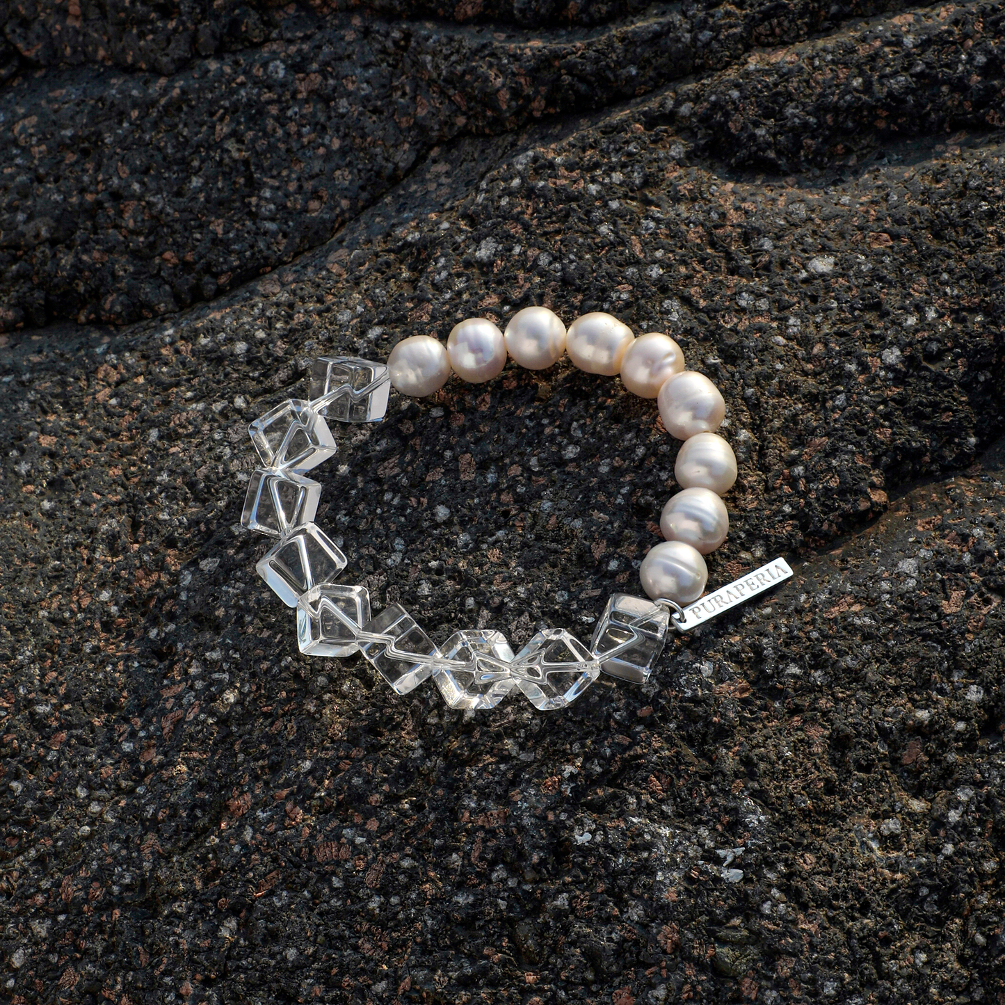 Natural Freshwater Pearl & Clear Quartz Cube Beaded Bracelet