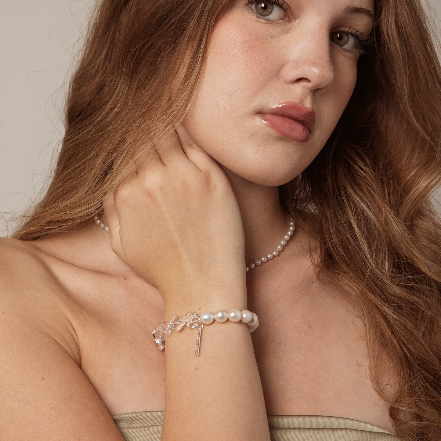 Natural Freshwater Pearl & Clear Quartz Cube Beaded Bracelet