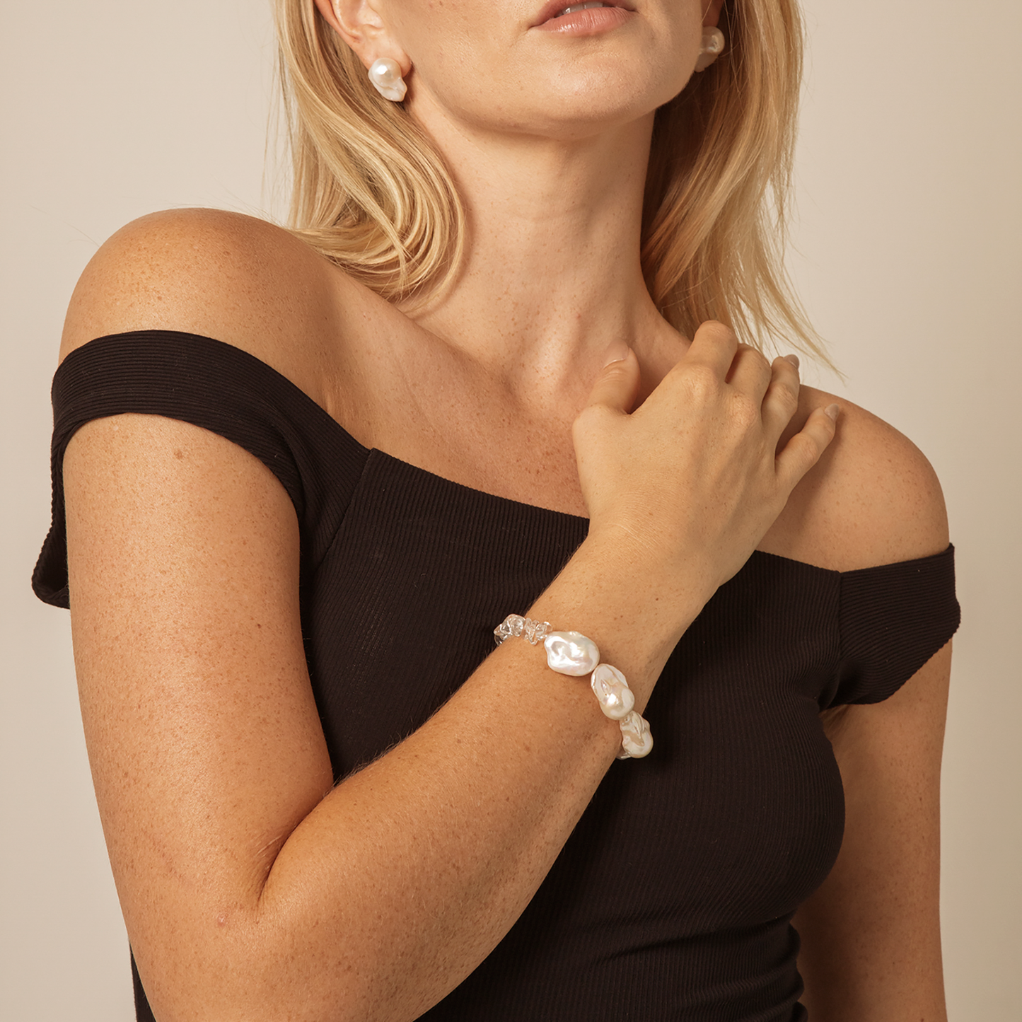 Custom Engraved Natural Baroque Pearl & Clear Quartz Chip Bracelet