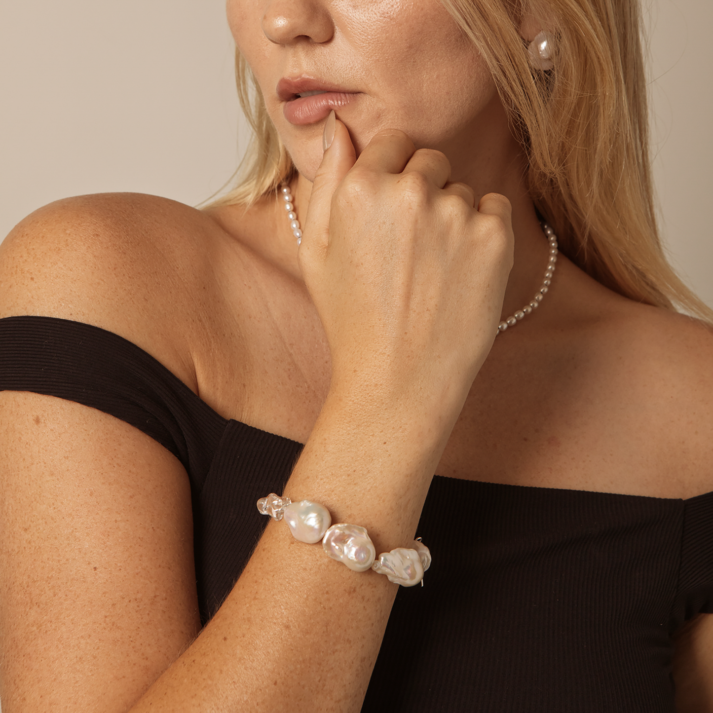 Custom Engraved Natural Baroque Pearl & Clear Quartz Chip Bracelet