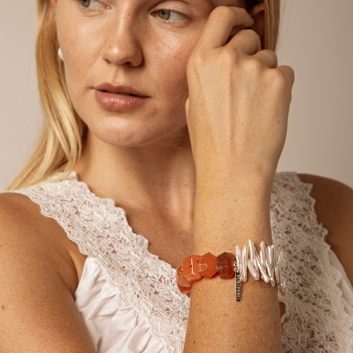 Natural Carnelian and Baroque Pearl Bracelet