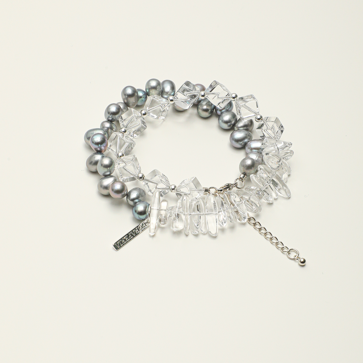Gray pearl and clear quartz bracelet with adjustable extender