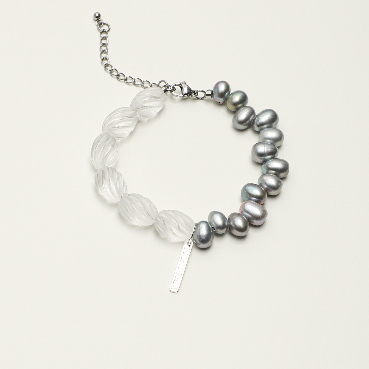 Clear quartz and gray freshwater pearl adjustable engravable bracelet, full product view