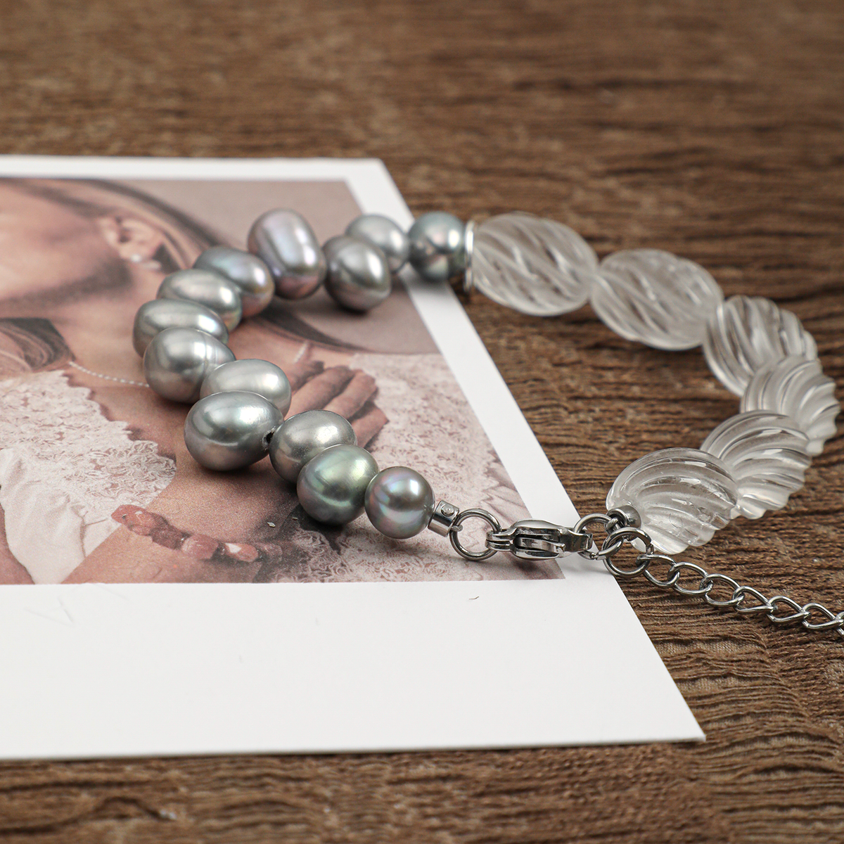 Clear quartz and gray freshwater pearl bracelet close-up