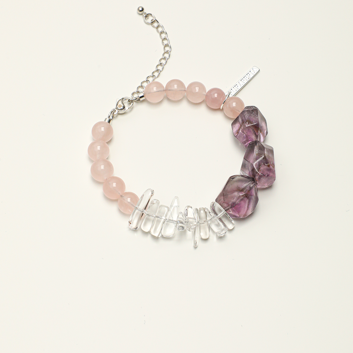 Amethyst, rose quartz and clear quartz adjustable bracelet