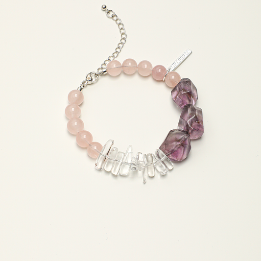 Amethyst, rose quartz and clear quartz adjustable bracelet