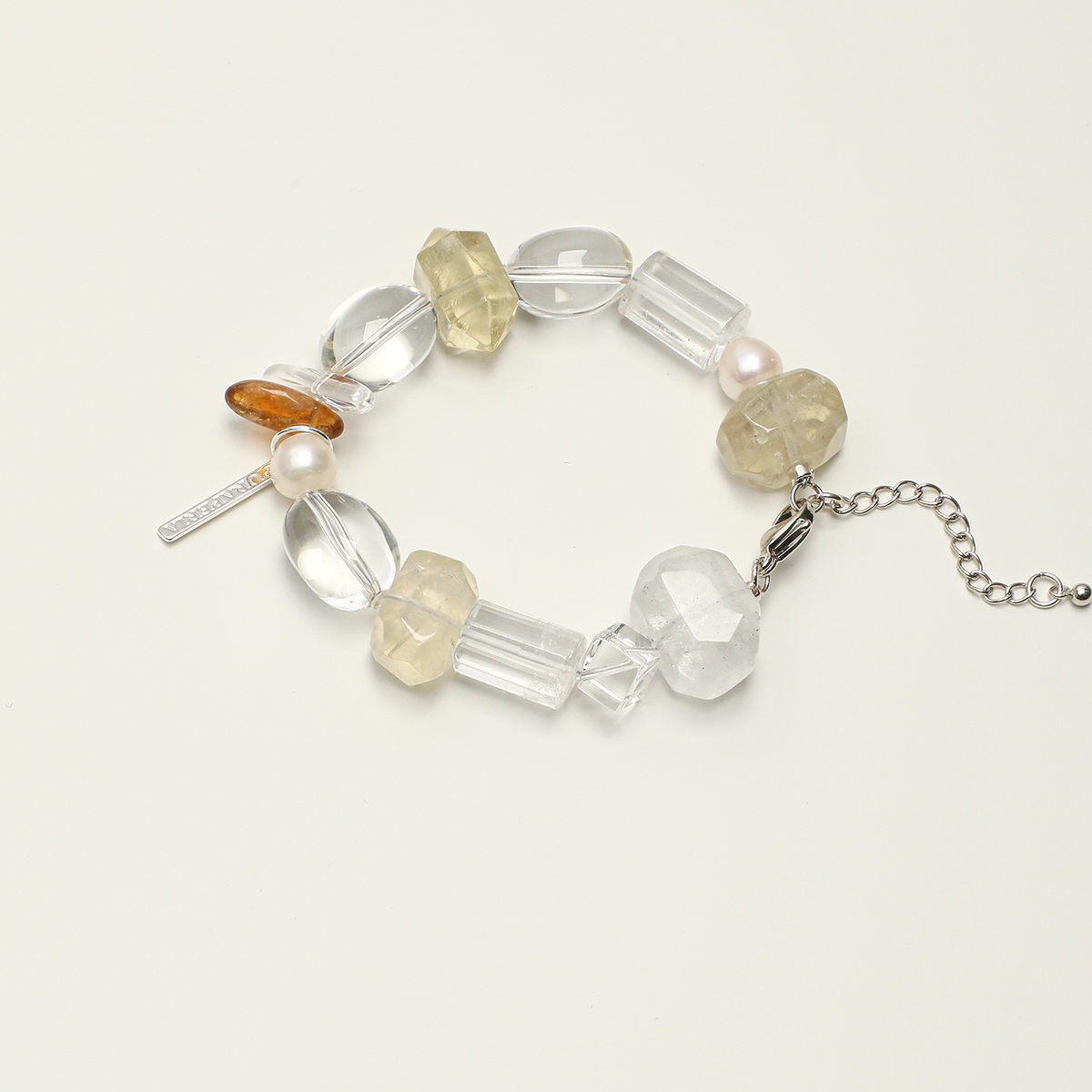 Clear quartz, citrine and pearl bracelet with adjustable chain