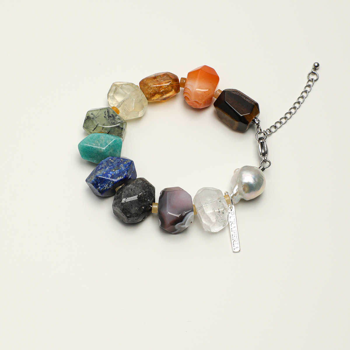 Mixed gemstone and baroque freshwater pearl adjustable engravable bracelet, full product view