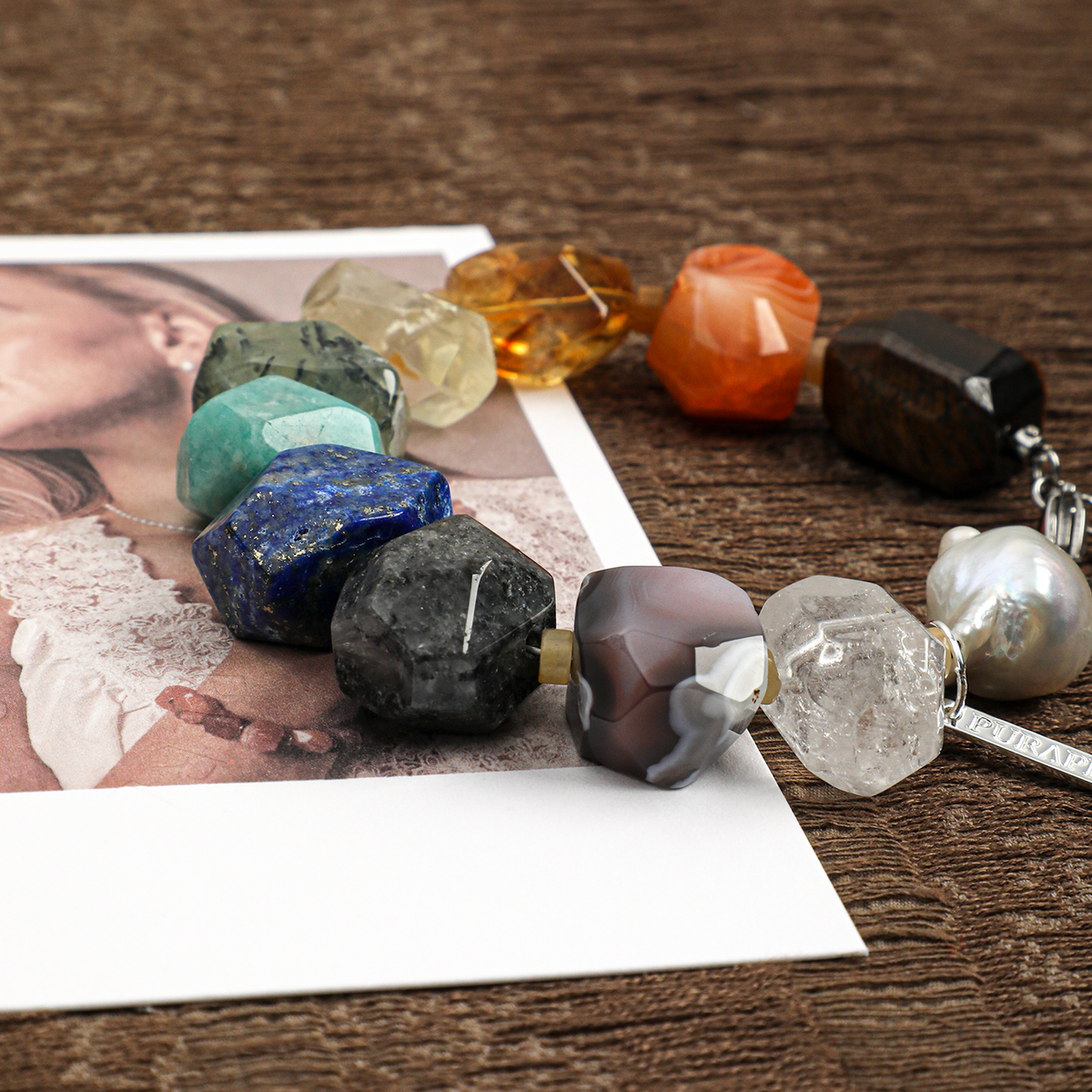 Mixed gemstone bracelet close-up showing varied colors and free-form shapes