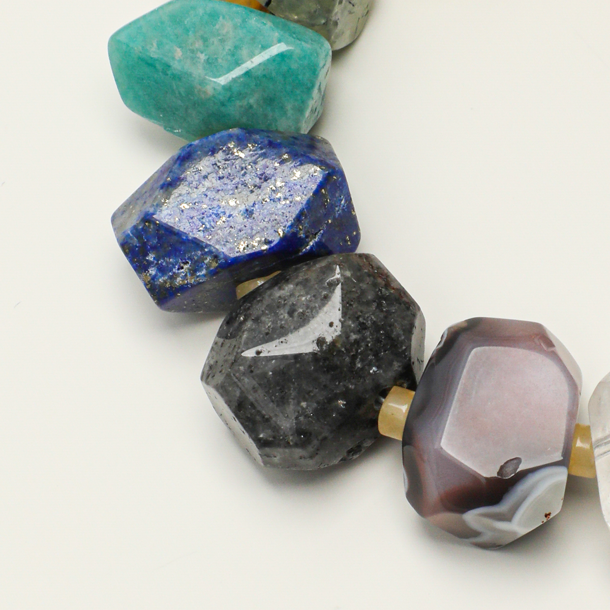 Amazonite, lapis lazuli, gray agate, and black rutilated quartz detail