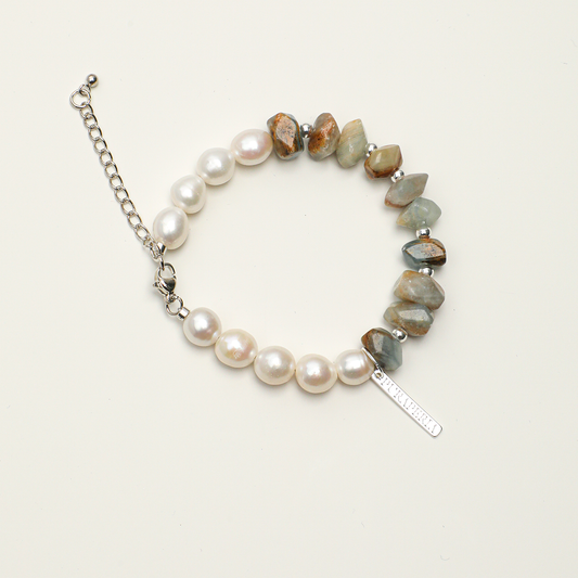 Blue Luster stone and pearl bracelet with personalized long tag, front view