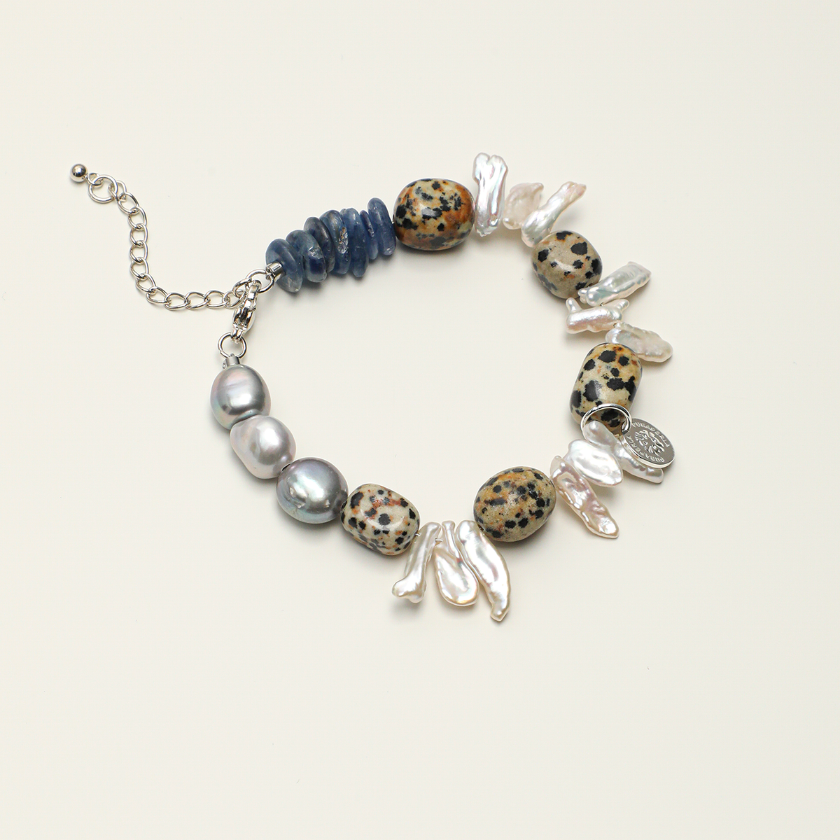 Dalmatian jasper, blue kyanite and baroque pearl adjustable bracelet