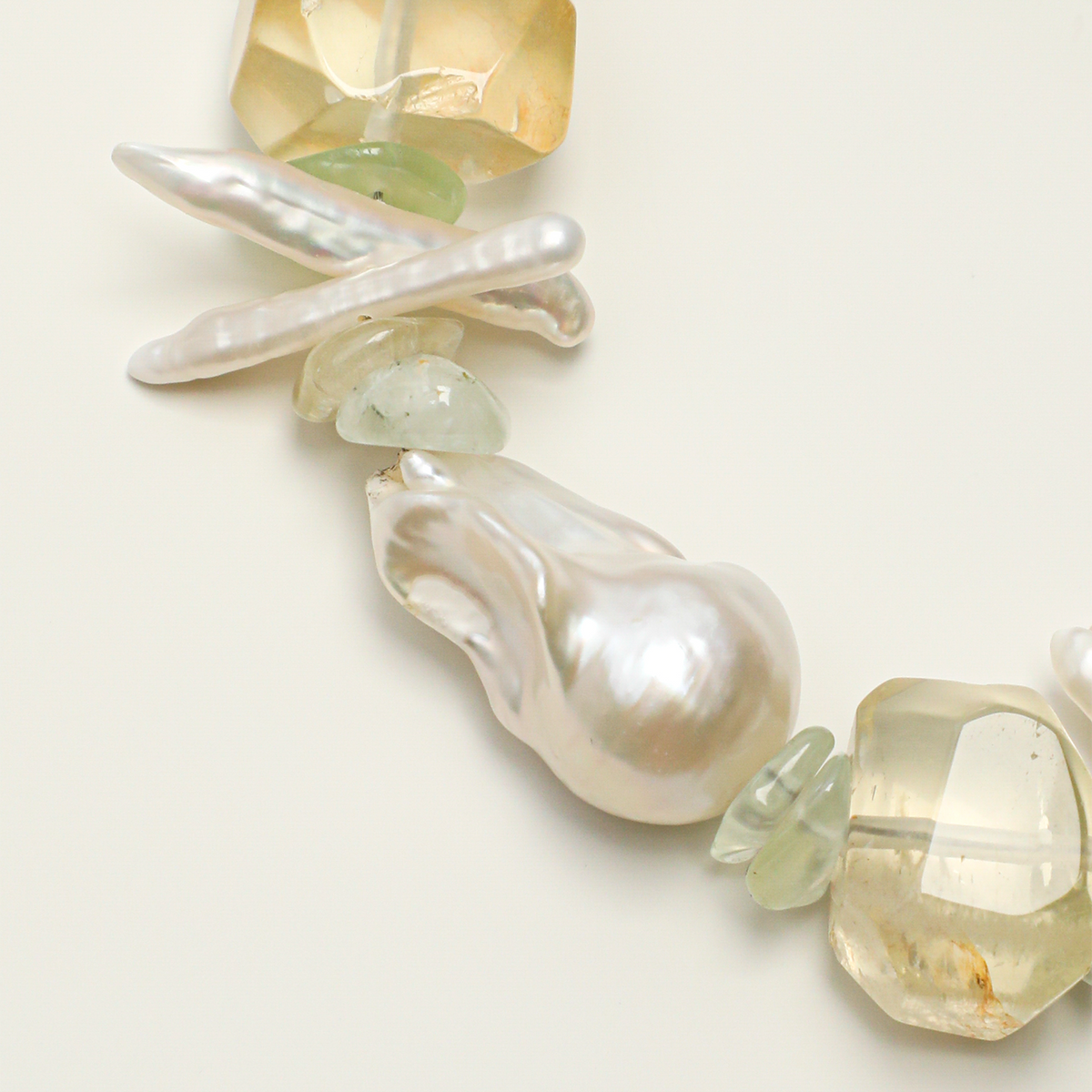 Freeform citrine, prehnite and elongated baroque pearl detail