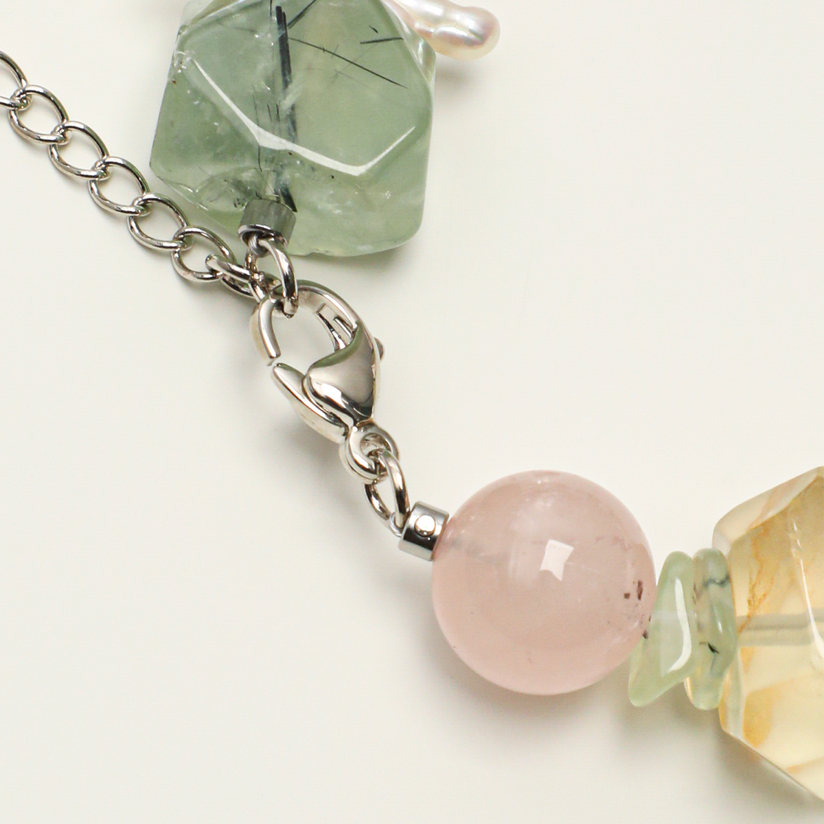 Lobster clasp, rose quartz, prehnite and citrine detail