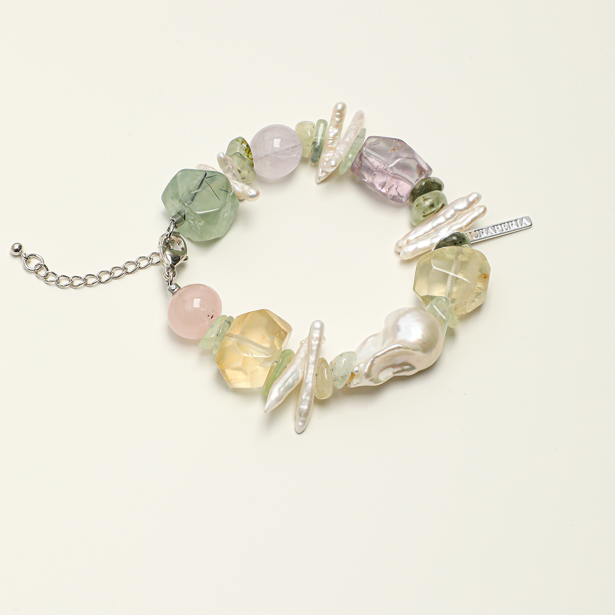 Prehnite, amethyst, citrine, rose quartz and baroque pearl adjustable bracelet